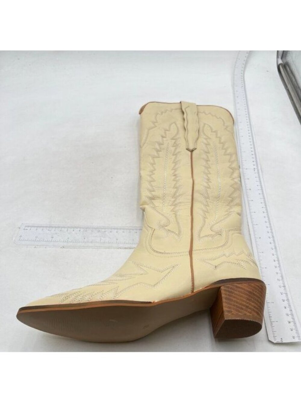 Beige Women Pointed Toe Knee High Boots Chunky Heel Embroidery Cowboy Boots Shoe